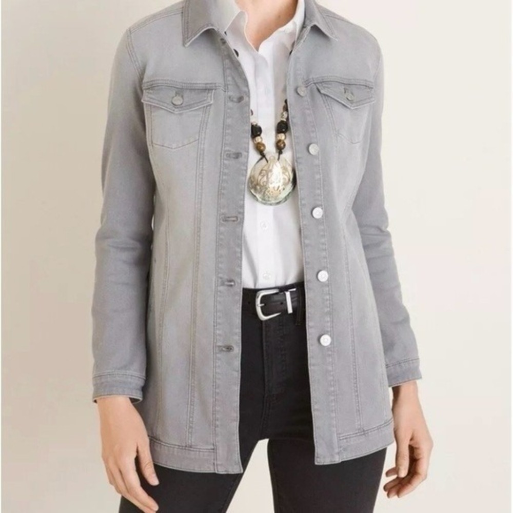 Chicos Platinum  Denim Gray Jacket Long Sleeve Size 0‎ Small Longline Elongated